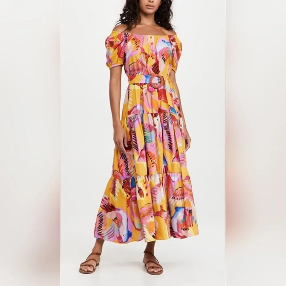 Farm Rio Dresses & Skirts - Farm Rio Yellow Multi Floral-Print Off-Shoulder Belted Maxi Dress new with tags